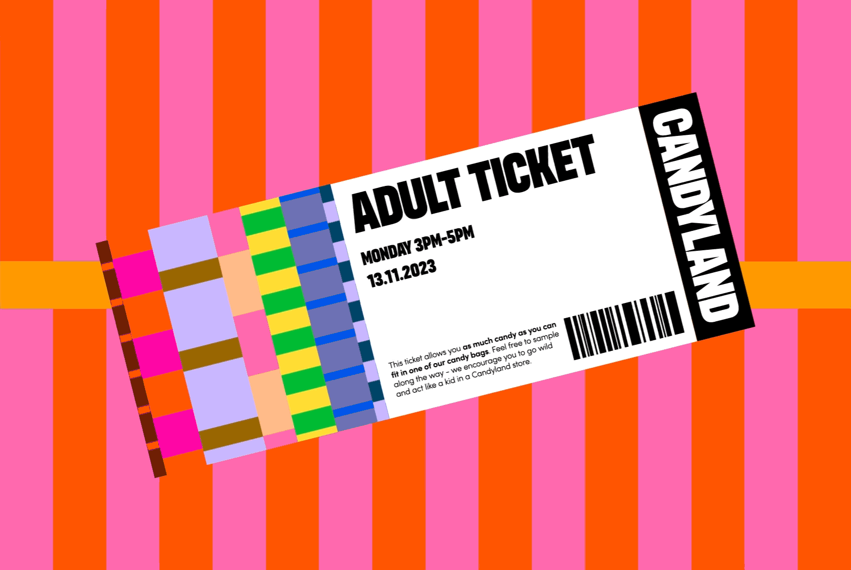 Candyland ticket gif in the style of the chaotic maximalism trend